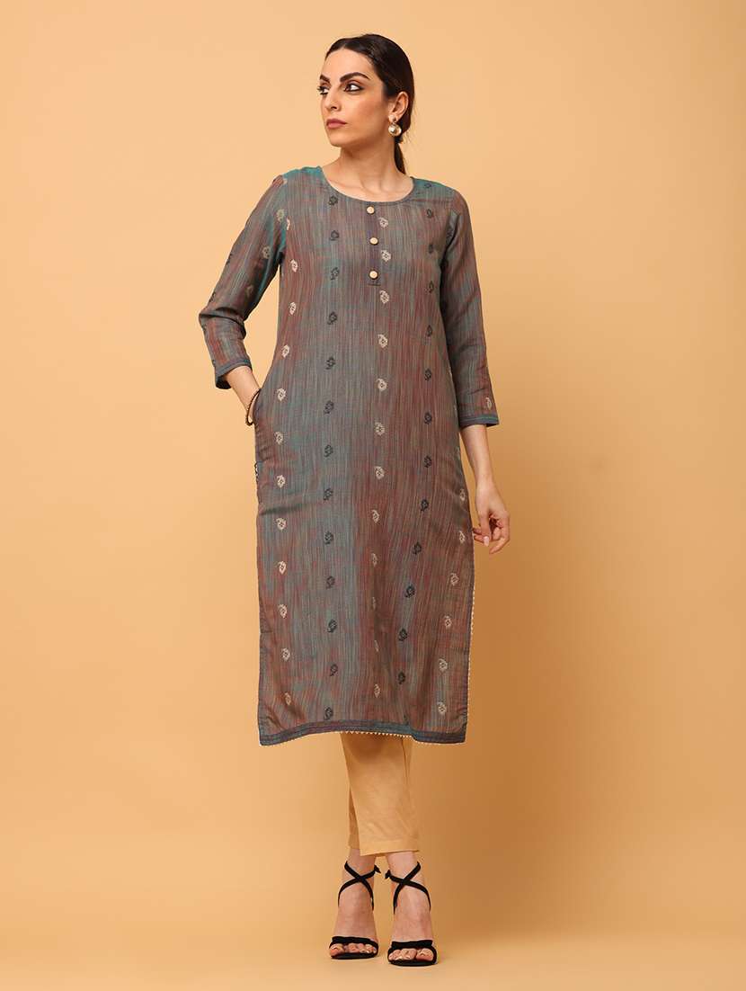 women grey round neck straight kurta