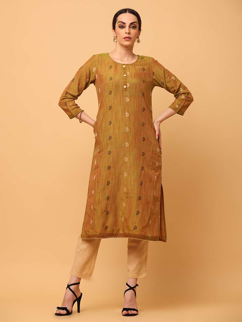 women mustard round neck straight kurta