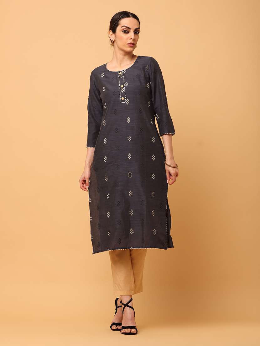 women grey round neck straight kurta