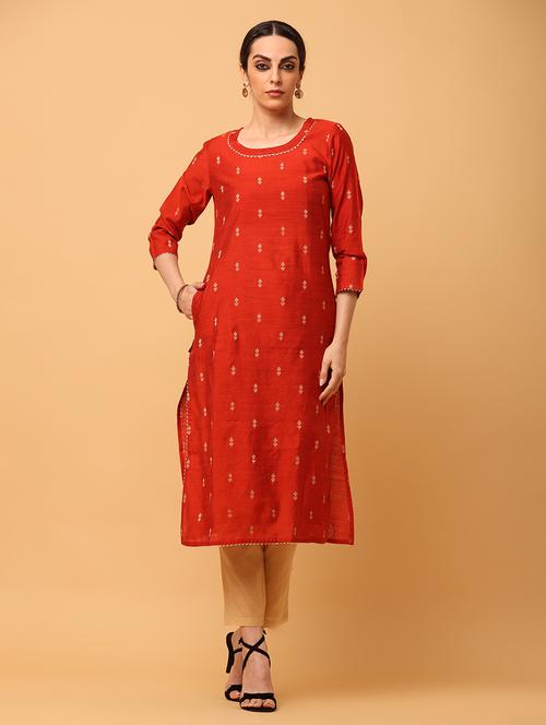 women orange round neck straight kurta - 20878542 -  Standard Image - 0