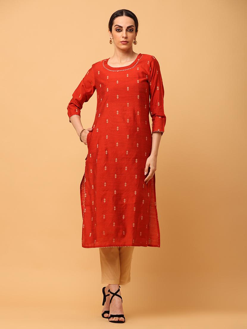 women orange round neck straight kurta - 20878542 -  Zoom Image - 0