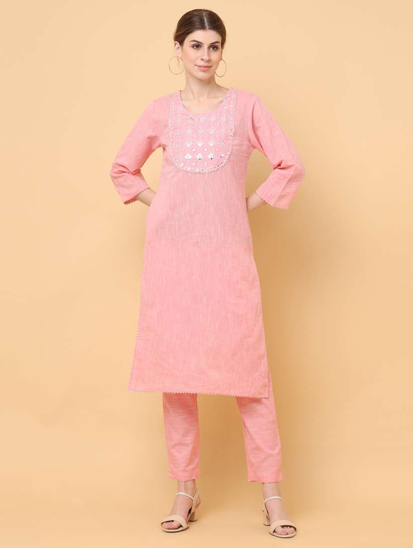 women pink round neck straight kurta