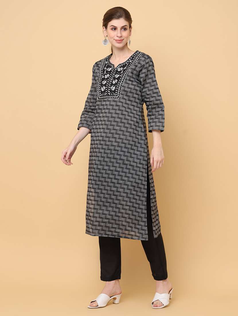 women grey notch neck straight kurta