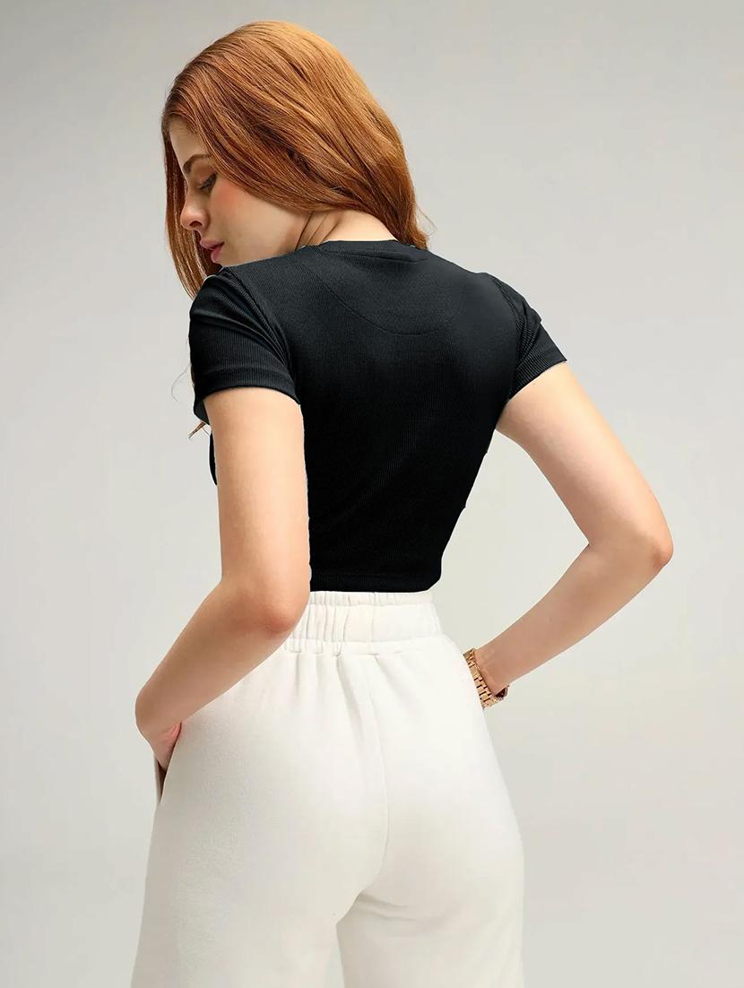 women black solid round neck crop top - 20878617 -  Standard Image - 1