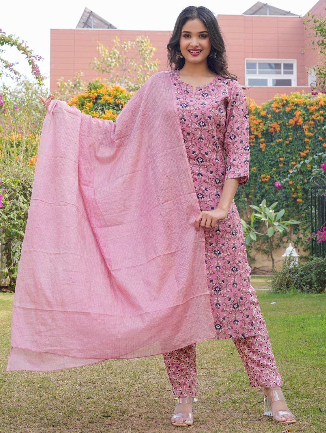 women pink floral printed kurta pant set with dupatta