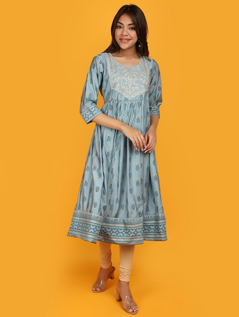 women light blue round neck flared kurta - 20879156 -  Zoom Image - 0