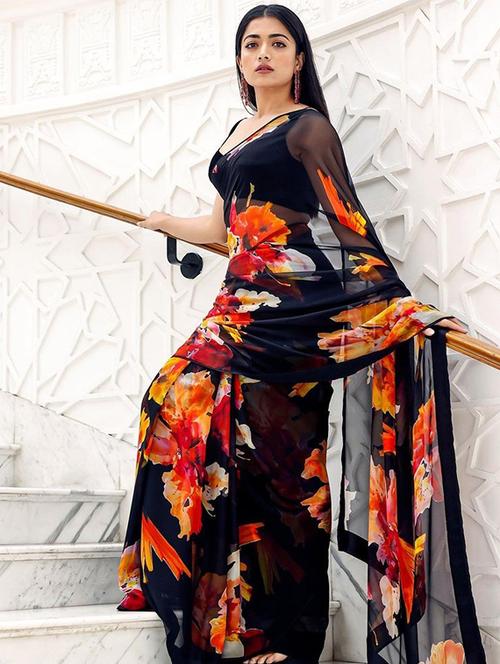 women black floral printed saree with blouse - 20879468 -  Standard Image - 0