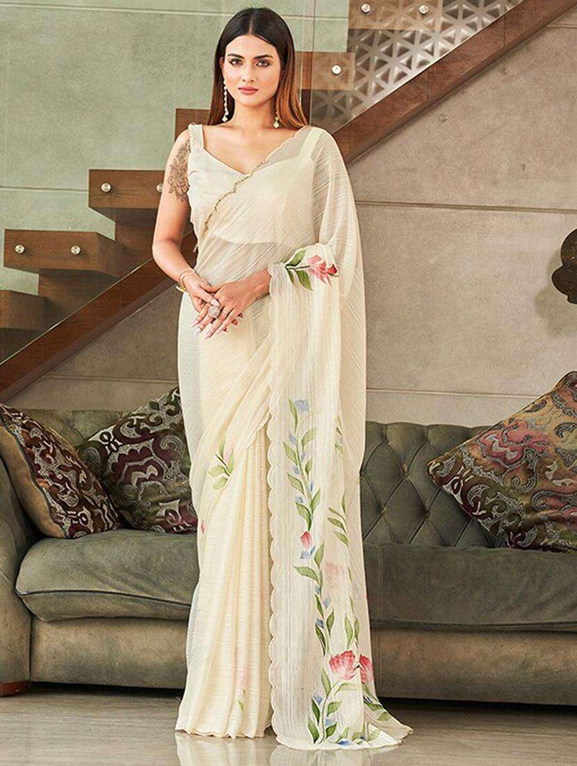 women off white floral printed chiffon saree with blouse