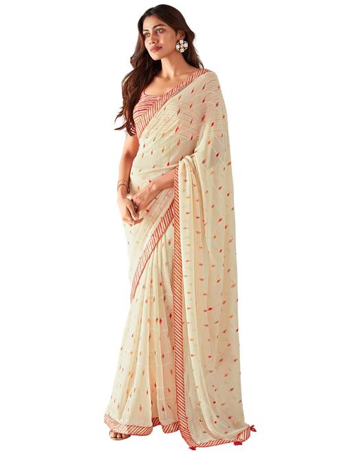 women cream printed lace work saree with blouse - 20879472 -  Standard Image - 0