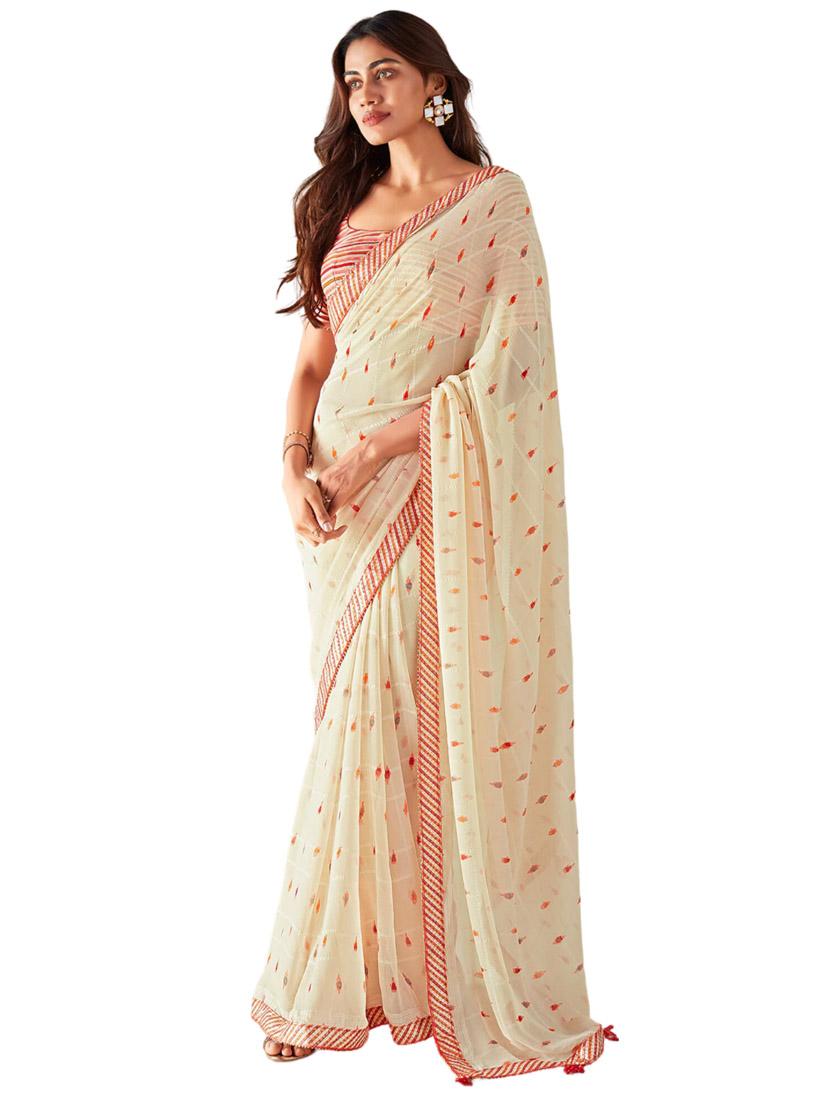 women cream printed lace work saree with blouse - 20879472 -  Zoom Image - 0
