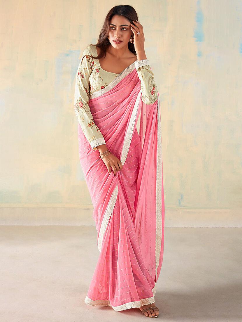women pink foil printed lace work saree with blouse