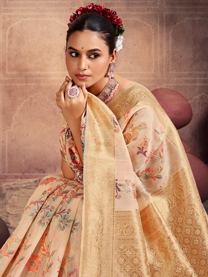 women beige floral print zari bordered saree with blouse - 20879555 - Standard Image - 1