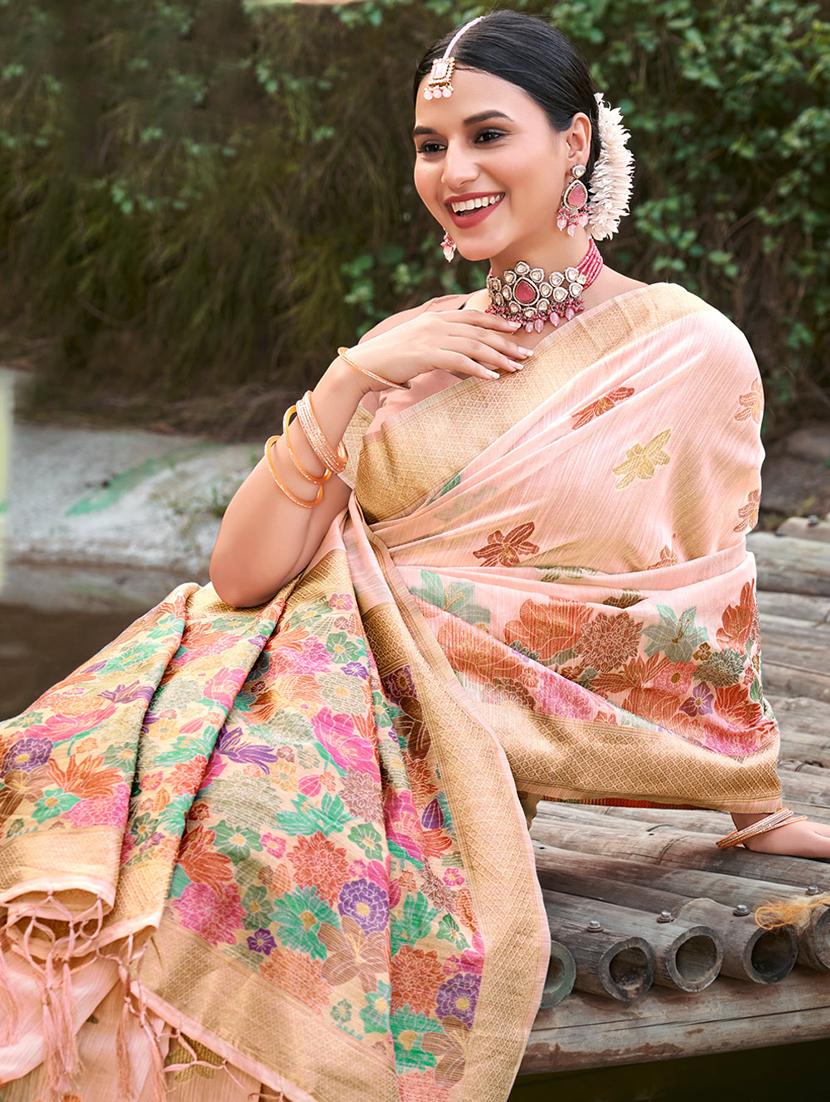 women peach floral print zari bordered saree with blouse - 20879564 - Standard Image - 1
