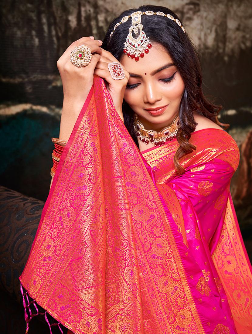 pink self design banarasi saree with blouse - 20879591 - Standard Image - 1