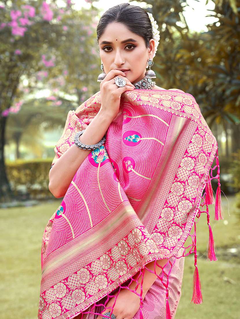 pink self design banarasi saree with blouse - 20879595 -  Standard Image - 1