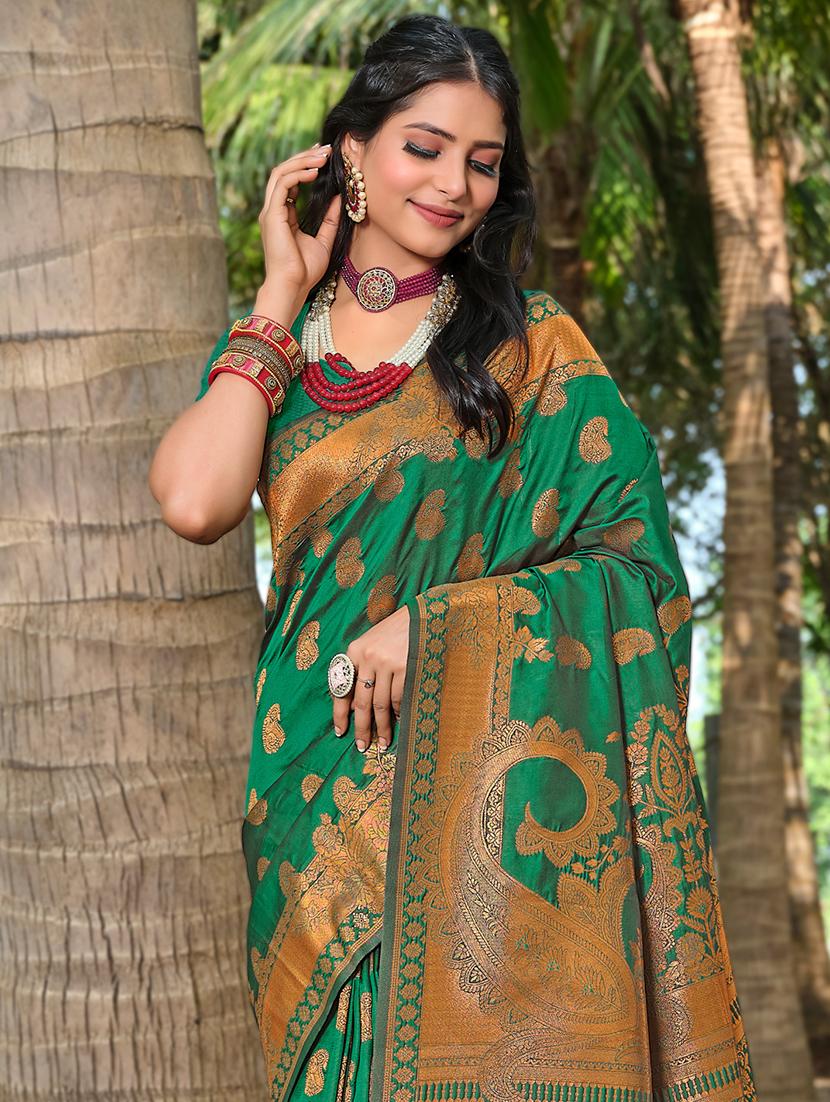 green silk banarasi saree with blouse - 20879820 -  Standard Image - 1