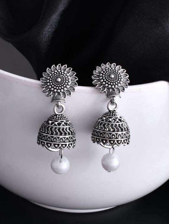 white bead studded circular oxidised silver plated contemporary jhumka