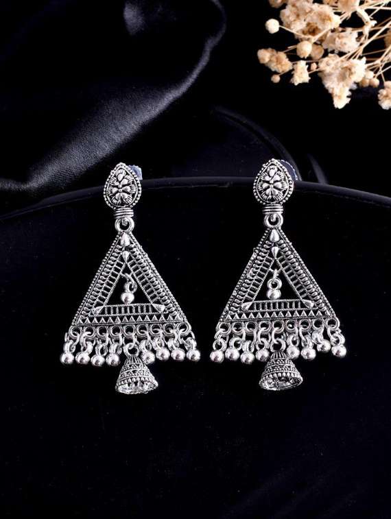 studded triangle oxidised silver plated contemporary drop earrings