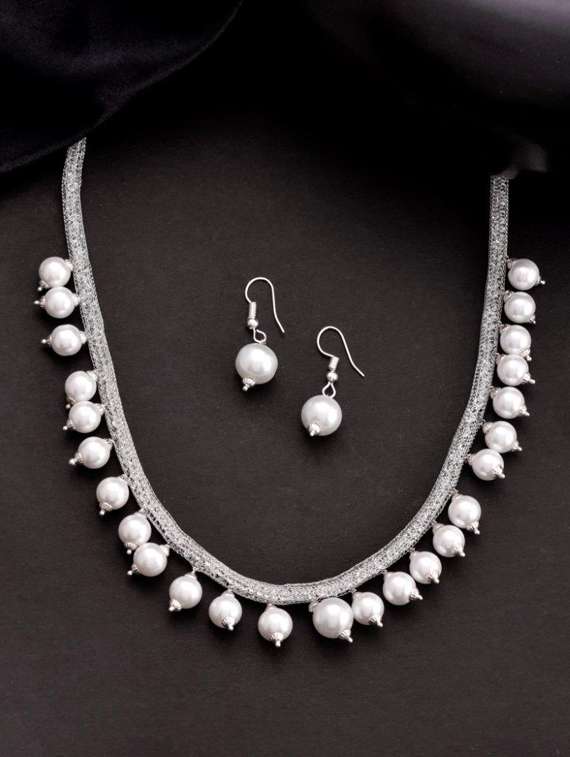 silver plated pearls and ad-studded necklace & earrings