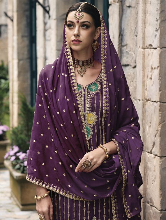women purple semi-stitched palazzo suits - 20881798 - Standard Image - 1