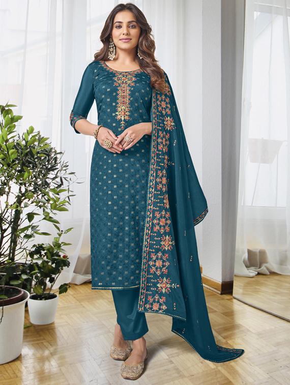 teal chiffon semistitched suit - 20882199 - Standard Image - 1