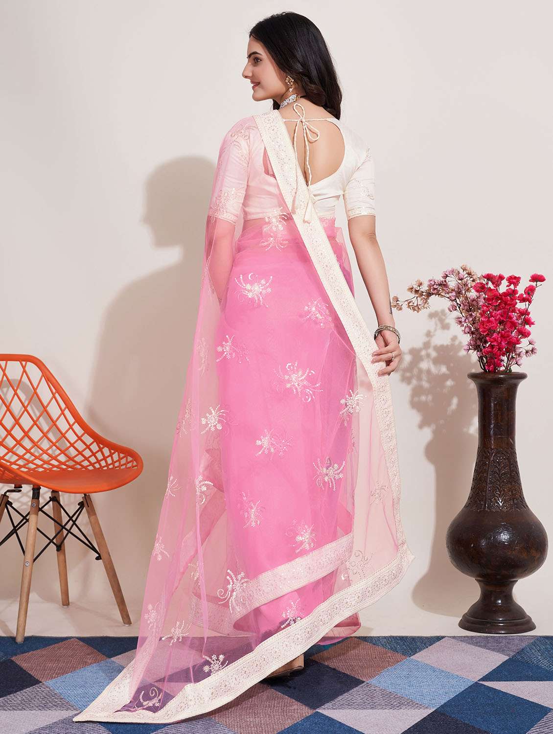 pink net embroidered saree with blouse - 20882369 -  Standard Image - 1