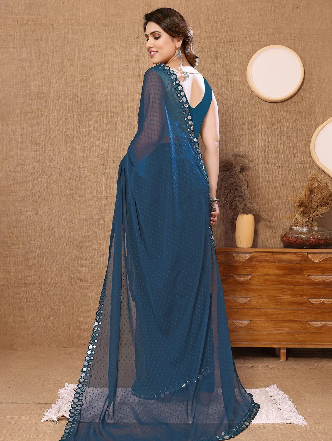women blue mirror work bordered saree - 20882370 -  Standard Image - 1