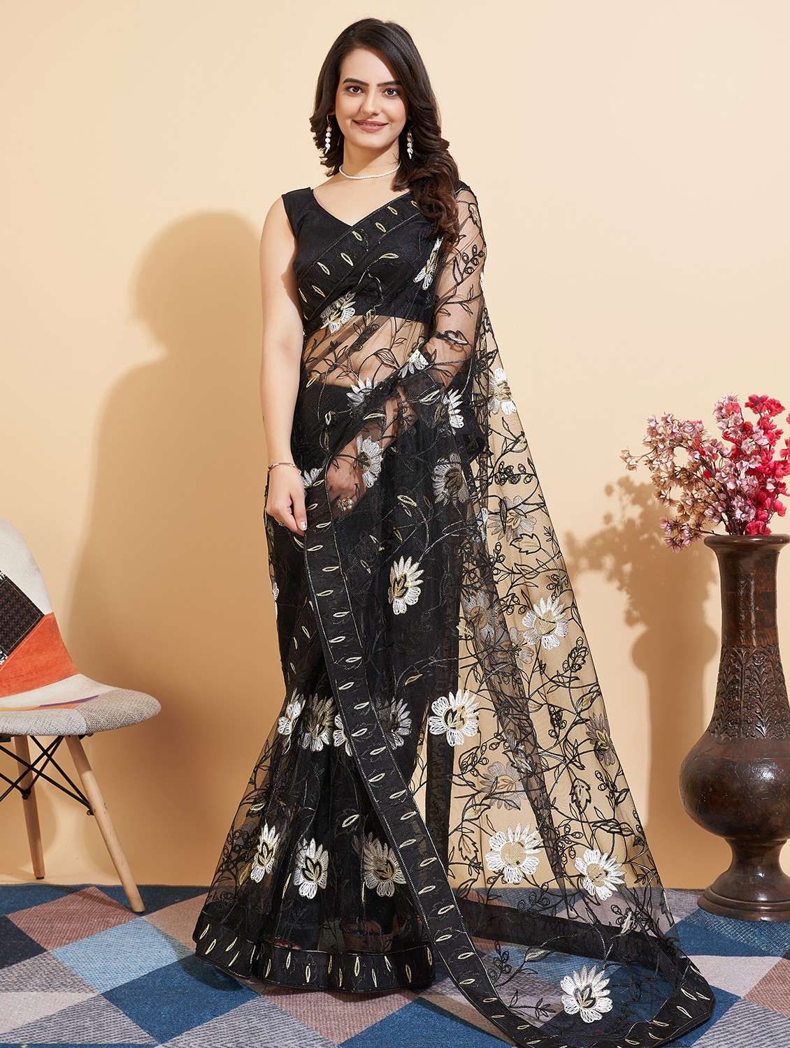 women black embroidered saree with blouse - 20882391 -  Zoom Image - 0
