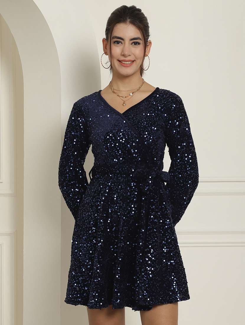 women navy blue sequin a-line dress