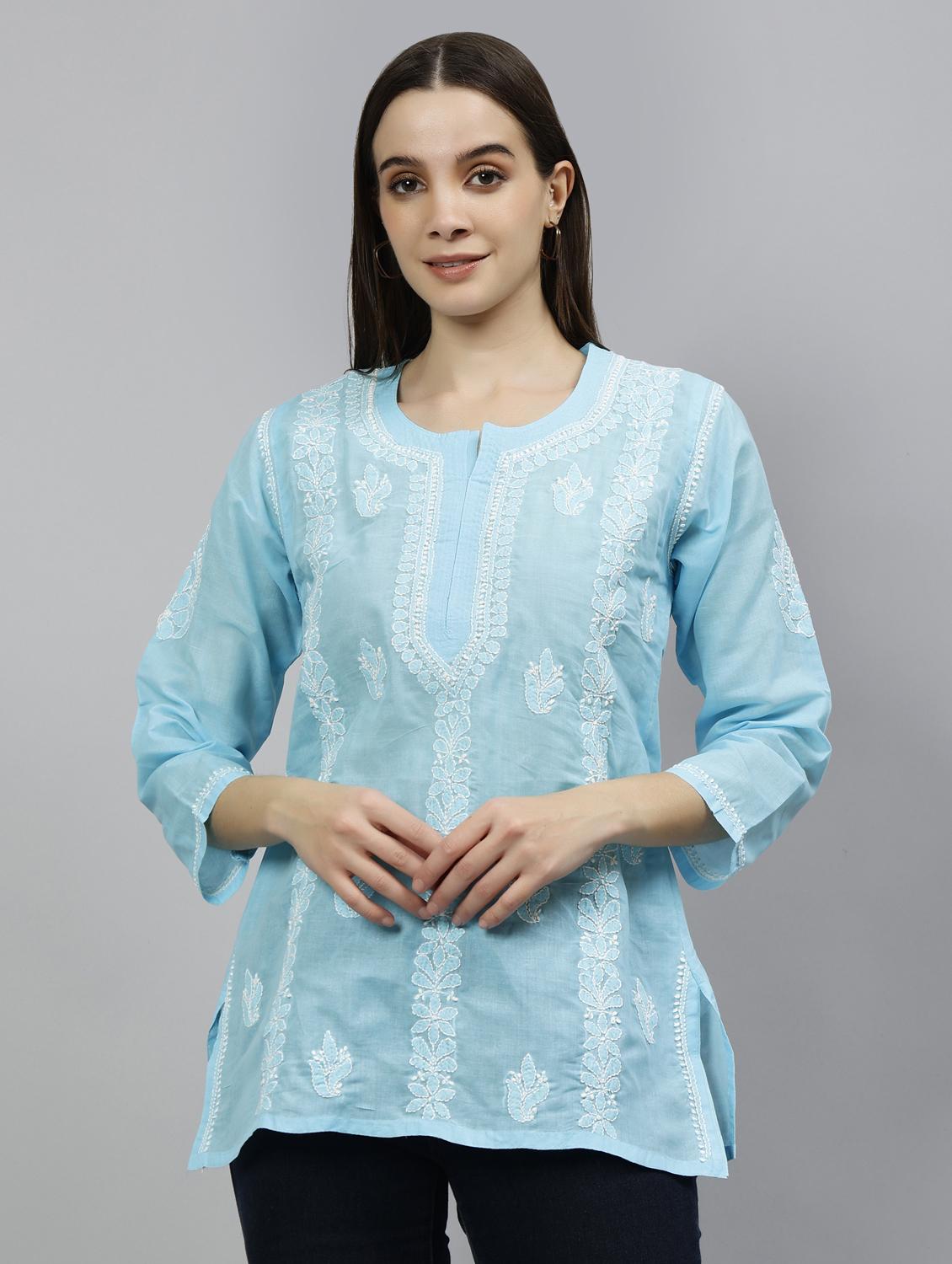 elegant sky blue embroidered cotton straight kurti - 20884759 - Zoom Image - 0