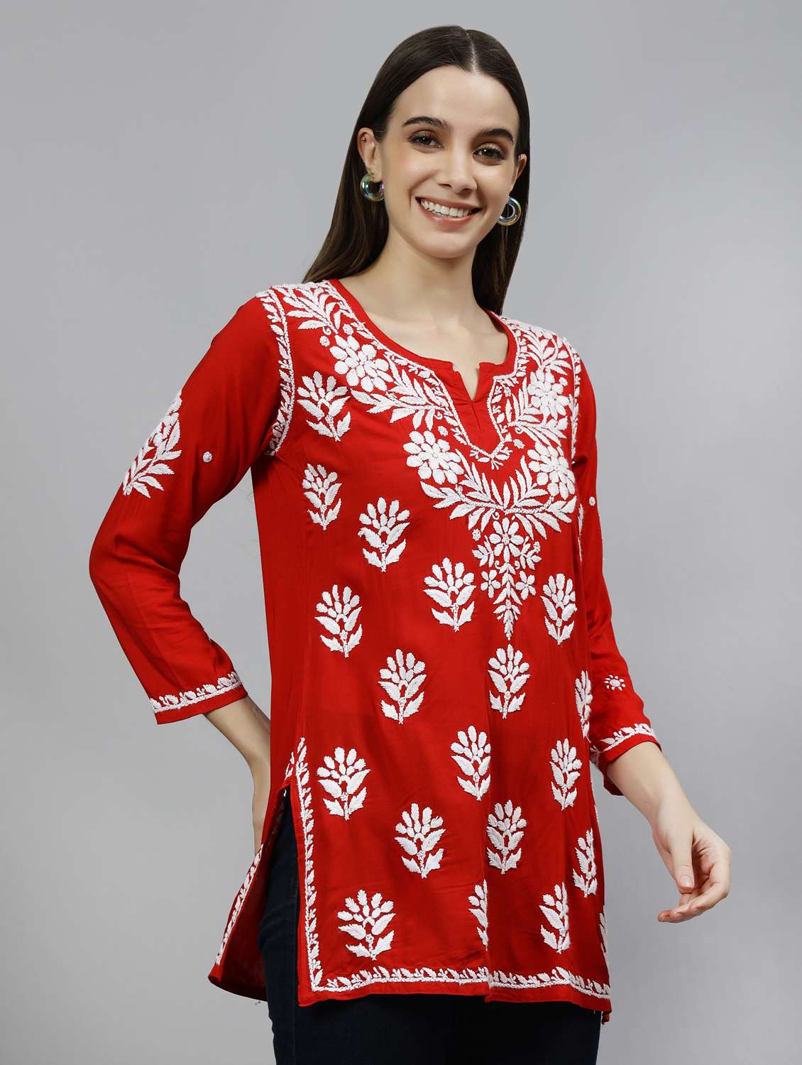 women three quarter sleeve straight kurti - 20884783 -  Standard Image - 1