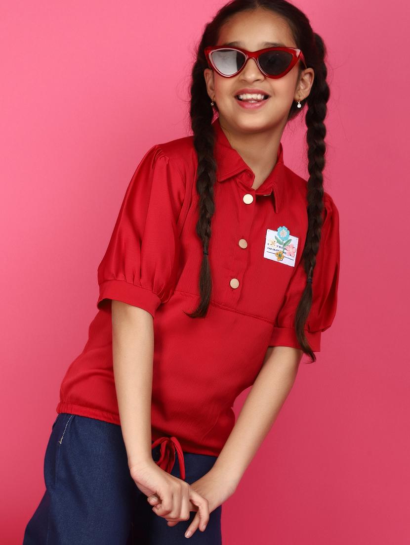 girls solid red detailed casual top - 20884932 -  Standard Image - 1