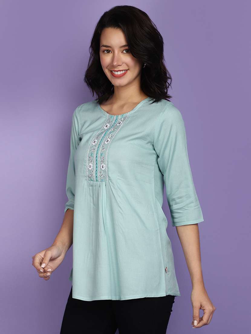 women light blue round neck a-line top - 20884962 -  Standard Image - 1