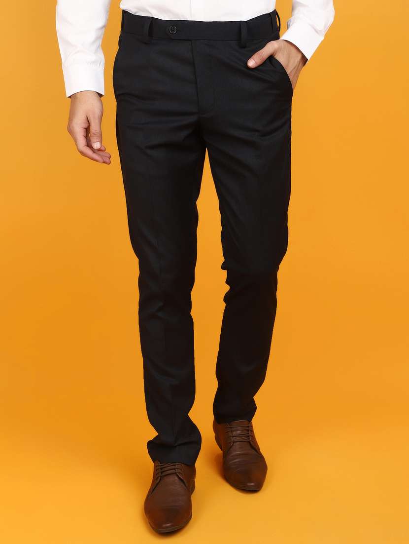 men solid navy blue formal trouser