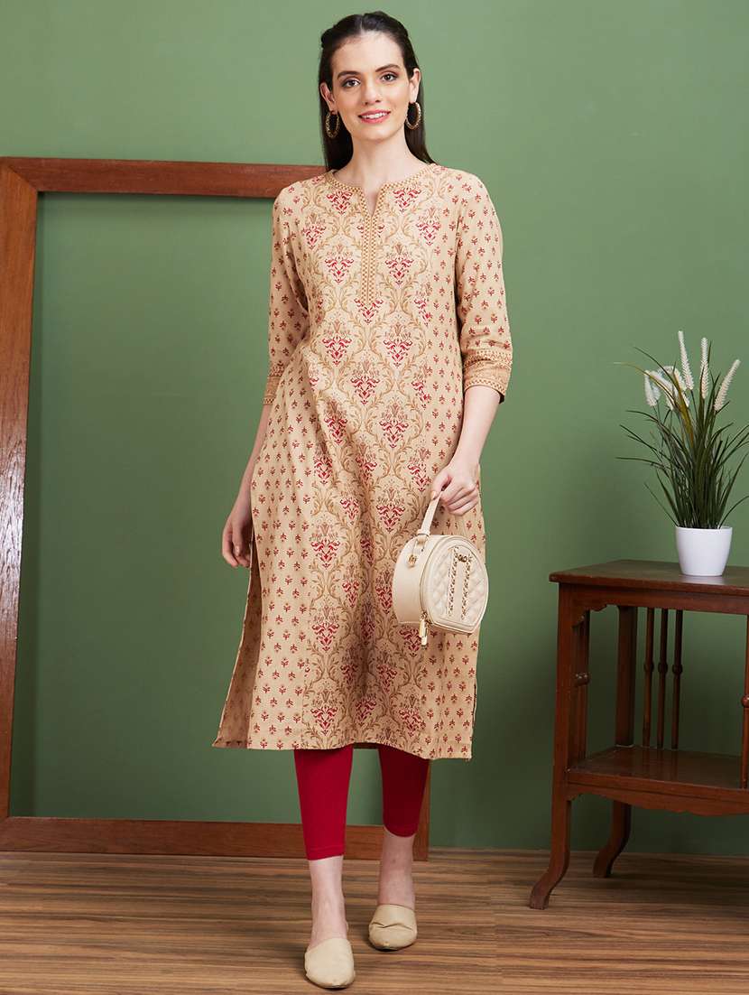 globus women beige ethnic motifs side slits panelled straight kurta