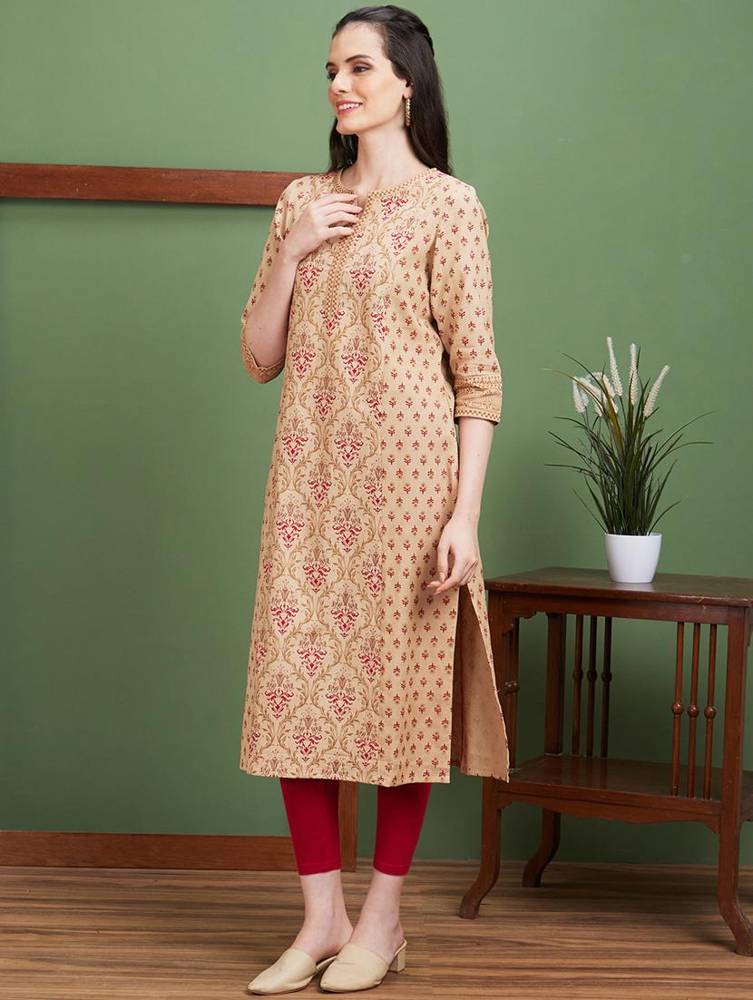 globus women beige ethnic motifs side slits panelled straight kurta - 20885387 -  Standard Image - 1