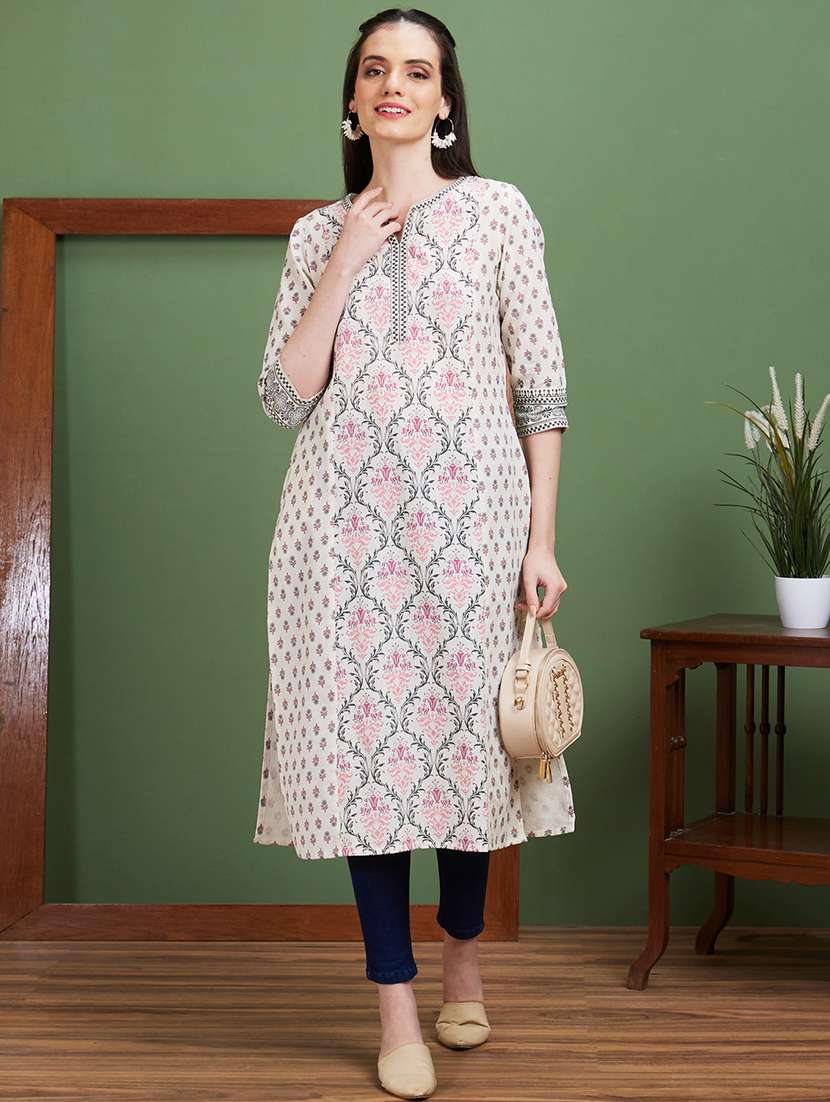 globus women off white ethnic motifs side slits panelled straight kurta