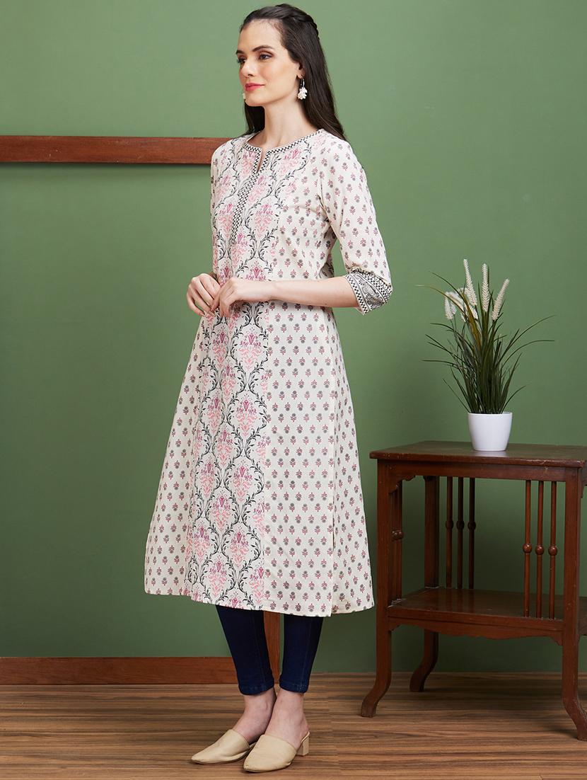 globus women off white ethnic motifs side slits panelled straight kurta - 20885388 - Standard Image - 1