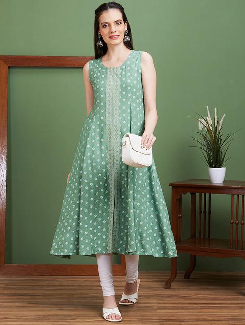 globus women green floral print front slit flared hem panelled a-line kurta - 20885389 -  Standard Image - 0