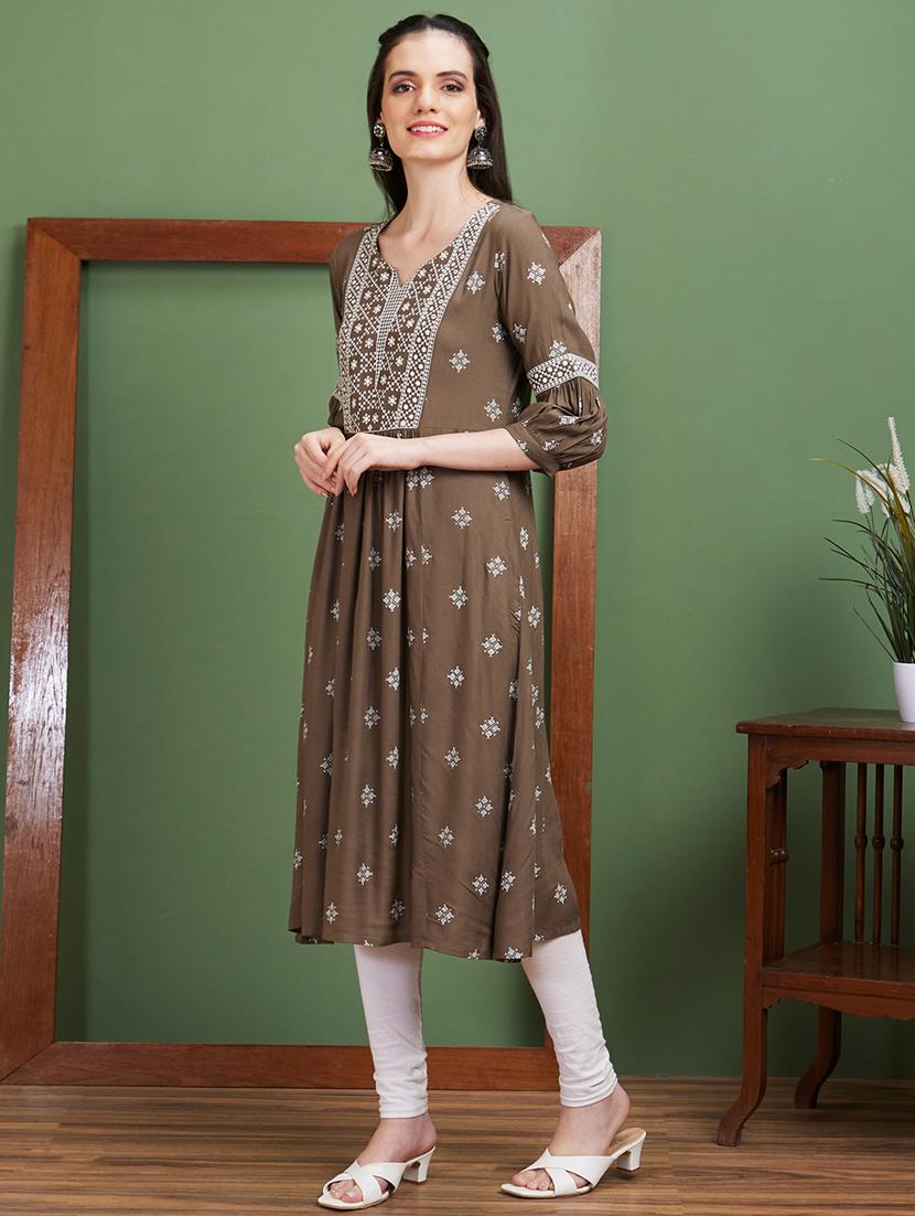 women brown notch neck a-line kurta - 20885390 - Standard Image - 1
