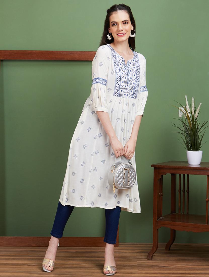 women white notch neck a-line kurta - 20885392 -  Standard Image - 1