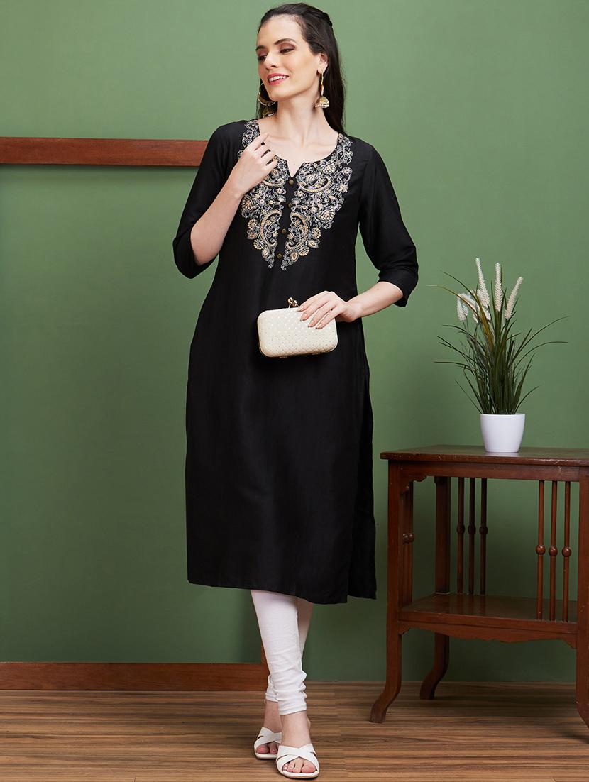 women black notch neck straight kurta - 20885393 - Zoom Image - 0