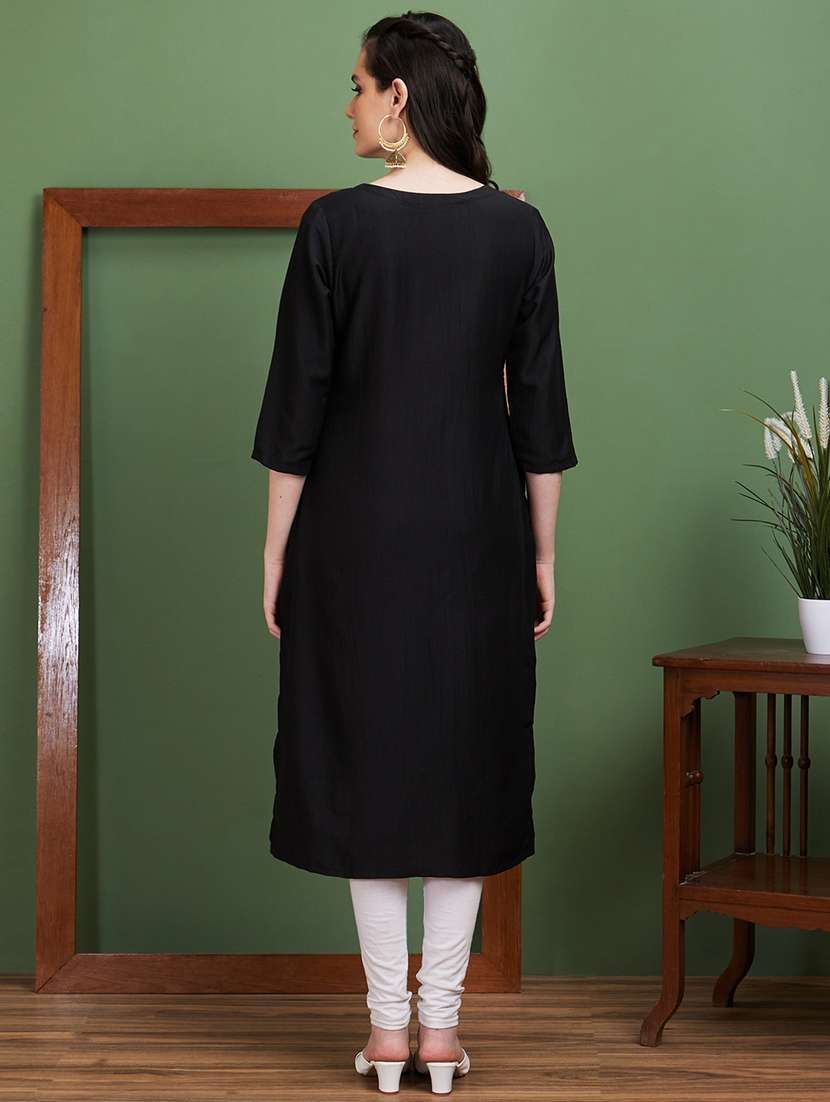 Women Black Notch Neck Straight Kurta