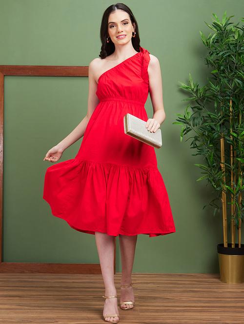 globus women red one shoulder tie-up fit & flare midi party dress - 20885397 -  Standard Image - 0