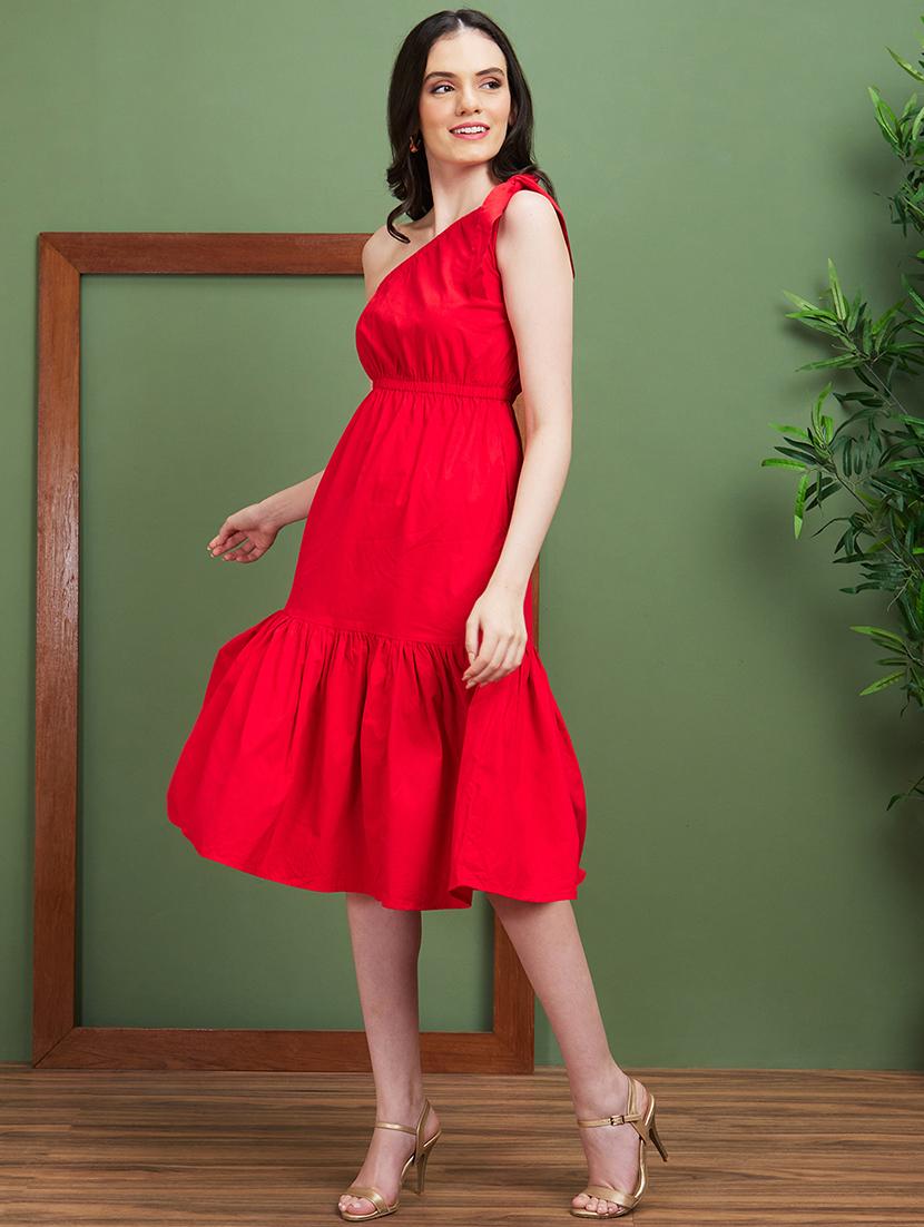 globus women red one shoulder tie-up fit & flare midi party dress - 20885397 -  Standard Image - 1