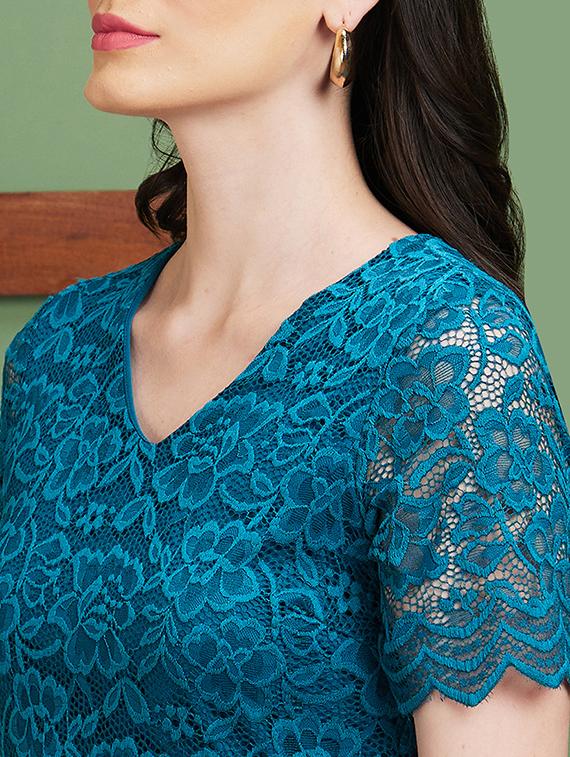 globus women teal v-neck opaque floral lace bodycon party dress - 20885401 - Standard Image - 4