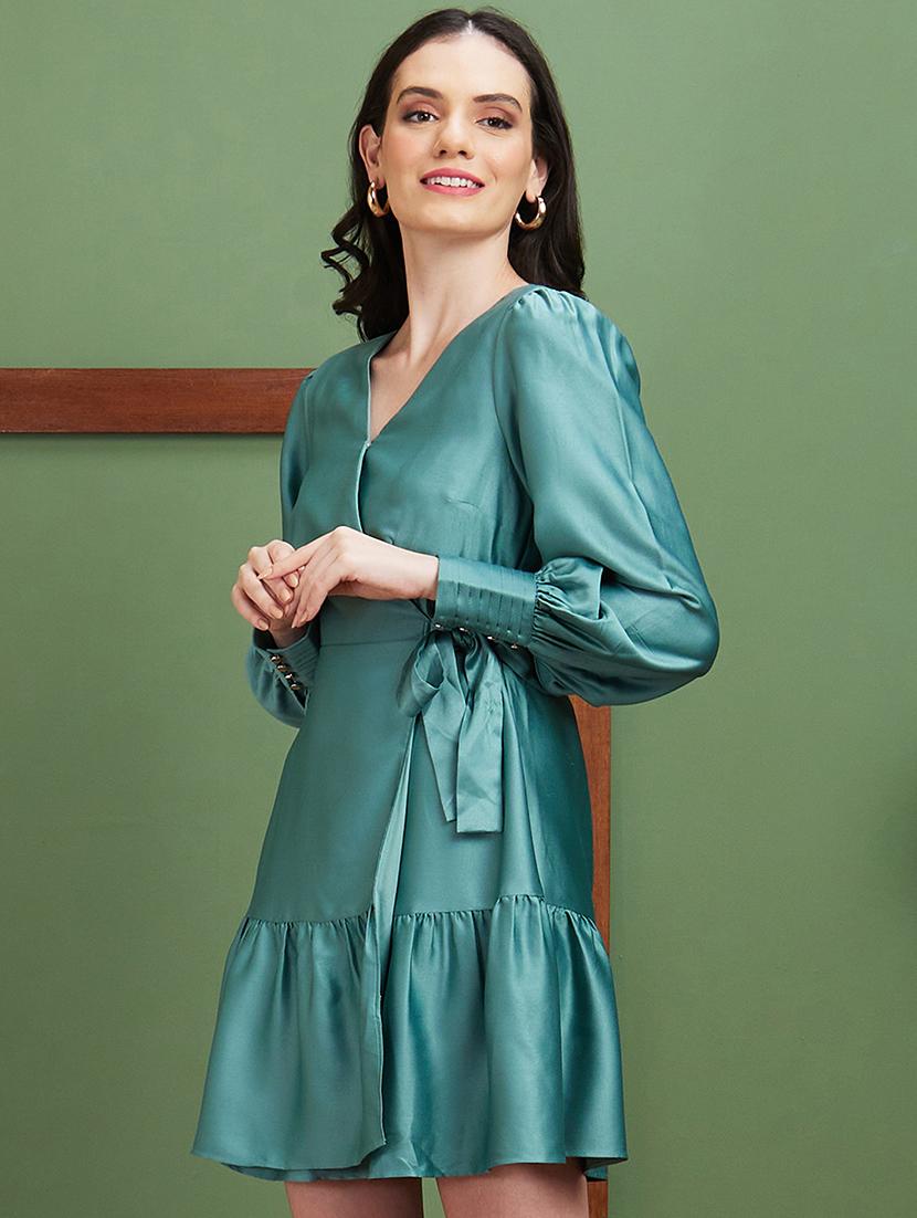 globus women green satin wrap v-neck cuff sleeves party dress - 20885403 - Standard Image - 1