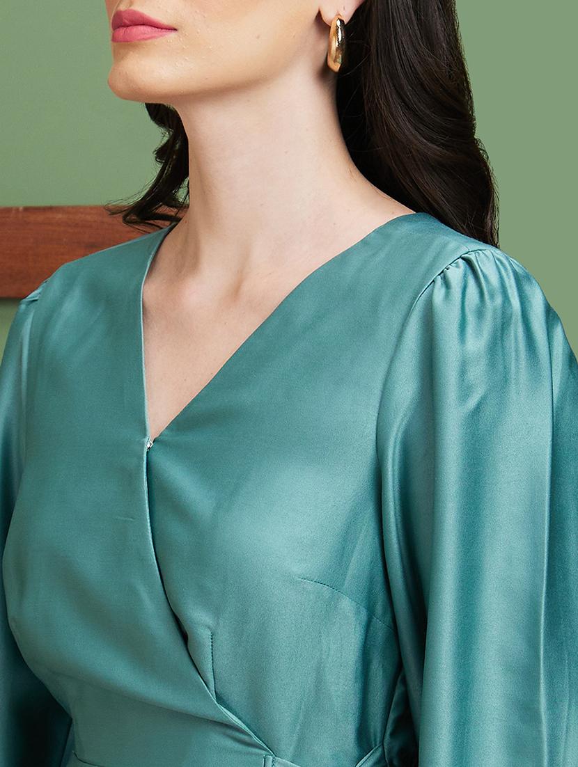 globus women green satin wrap v-neck cuff sleeves party dress - 20885403 - Standard Image - 4