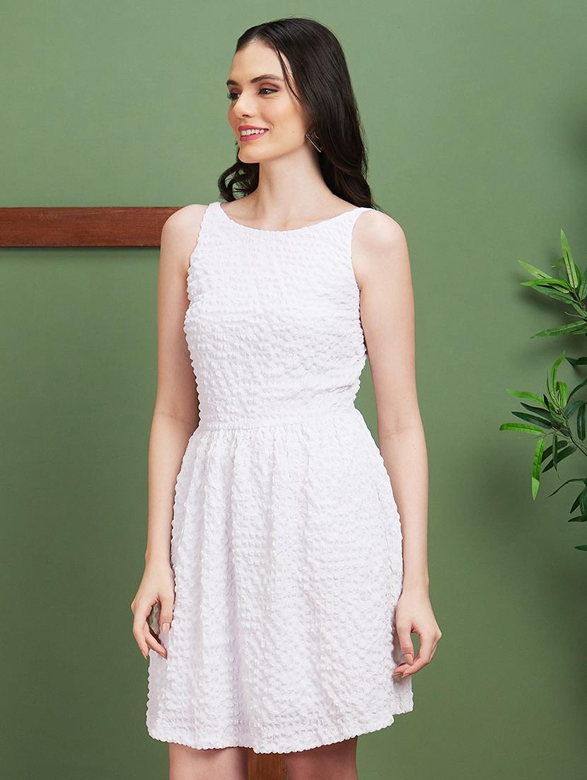globus women white structured fabric boat neck with stylised back gathered fit & flare party dress - 20885406 -  Standard Image - 1