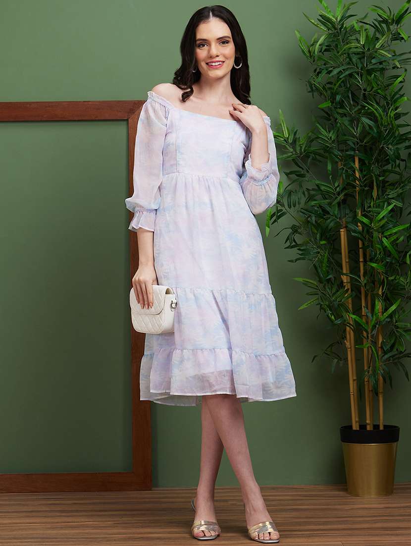 blue floral printed tiered dress